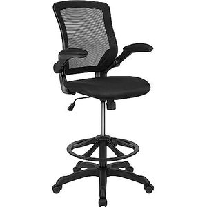 Flash Furniture Tekenstoel met middelhoge rugleuning, ergonomische kantoorstoel met omhoog klapbare armleuningen en verstelbare voetring, bureaustoel voor thuiskantoor, zwart
