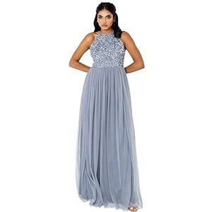Maya Deluxe Maxi-jurk voor dames, bruidsmeisje, halterjurk, pailletten, verfraaid, afstudeerbal, bruiloft, Dusty Blauw, 54