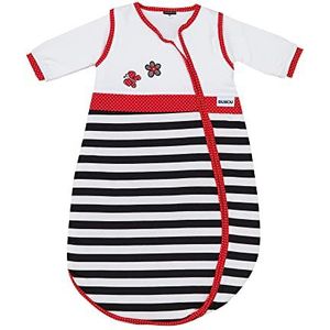 Gesslein Bubou 773109 Babyslaapzak met afneembare mouwen: Temperatuurregulerende slaapzak voor het hele jaar, baby/kinderen maat 110 cm, met vlinder en bloem, rood, zwart/wit gestreept