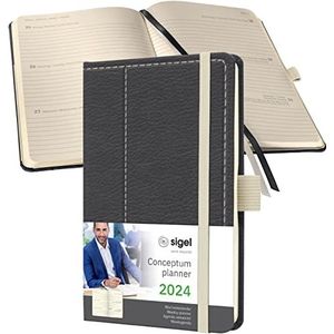 SIGEL C2458 weekkalender 2024, lederlook, ca. A6, donkergrijs/wit, hardcover, 176 pagina's, elastiek, penlus, archieftas, PEFC-gecertificeerd, conceptum