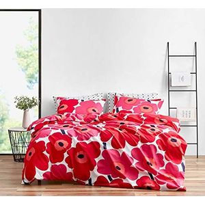 Marimekko Katoenen beddengoed met bijpassende shams, lichtgewicht woondecoratie voor alle seizoenen, Unikko rood, Queen