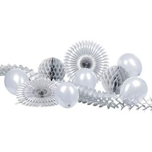 HEKU 30008-23: Party-Decoratieve set met honingraatballetjes, decoratieve waaiers, een slinger van papier en ballonnen, 10-delig, zilver