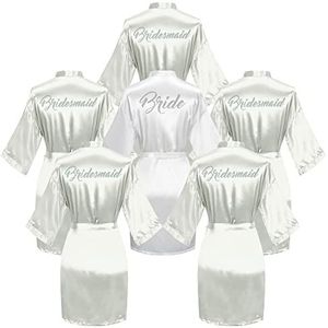 6 stuks bruids douche badjas voor bruid en bruidsmeisje gewaad met strass klaar kimono jurk, Zilveren Bruidsset, One size
