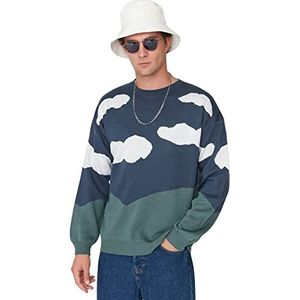 Trendyol Heren ronde hals effen normale trui sweatshirt, blauw, S, Blauw, S