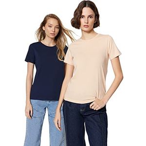 Trendyol Dames Lacivert-Beige 100% Katoen Suprem Bike Collar 2 Pakket Gebreide T-shirt, Navy-Beigie, XS