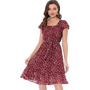 Allegra K Dames Bloemen Chiffon Flutter Mouwen Riem Vierkante Hals Ruches Zoom Jurk, Bordeaux, XS