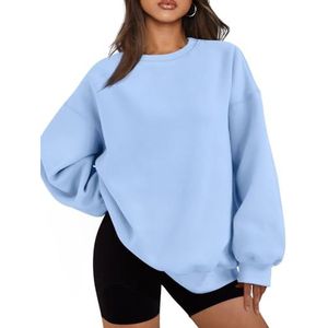 Efan Dames extra grote sweatshirts, fleece hoodies, ronde hals truien, informele topjes, comfortabele herfstmodekleding, winterkleding 2025, Lichtblauw, S