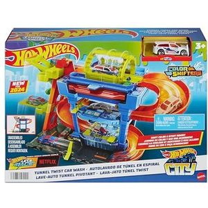 Hot Wheels City 'Let's Race' Netflix - Baanset met Speelgoedauto's, Wasstraat met Draaiende Tunnel, met 1 Color Shifters auto op schaal van 1:64, HTN80