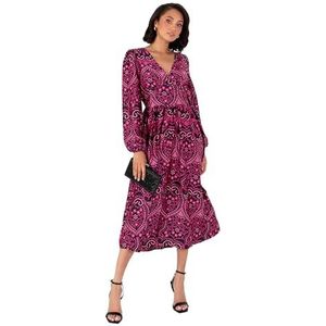 Lovedrobe Dames Midi Jurk Dames Lange Ballonmouw V-hals Satijn Knoop Voorkant Split Levendige Print A-lijn Avondgelegenheid, Roze 50, Fuchsia pink., 50