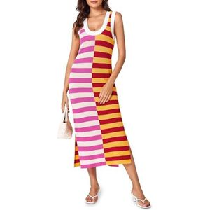 Wenrine Vrouwen Zomer Gestreepte Jurk Mouwloos Gebreide Contrasterende Kleur Zijsplit Casual Maxi Strandjurk, PINK, L