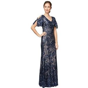 Alex Evenings Women's Long Sequin Dress, Navy/Nude Flutter Sleeve, 8