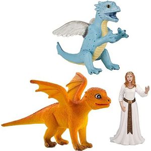 MOJO Verpakking van 3 mythologische dieren en drakenfiguren, maat L (inhoud: 1 baby-vuurdraak, 1 baby-zeediark en 1 fantasie-prinses)