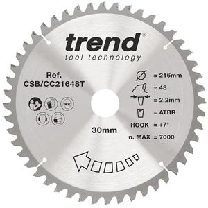 Trend Wood CSB/CC21648T Accu-ATBR-verstekzaagblad, 216 mm diameter, 30 mm boring, 48 tanden, 2,2 mm snijvoeg, +7° haak, TCT, fijn oppervlak