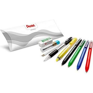 Pentel Starterpack met 10 delen: 4 x balpen zwart/rood/blauw/groen, 2 x blauw, 1 x markeerstift met vulpotlood, 1 x etui met 12 vullingen HB, 1 x mini-gum.