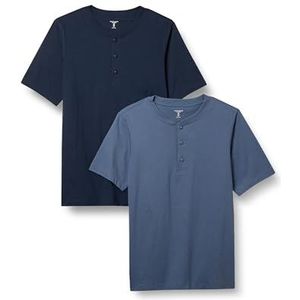 Amazon Essentials Heren Slim-Fit Shirt met korte mouwen, Henley, pak van 2, marineblauw/blauw, S