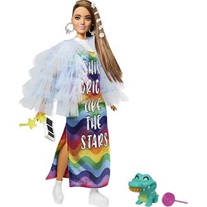 Barbie Extra pop & accessoires met lang brunette haar en bling clips in veelkleurige jurk met huisdier krokodil