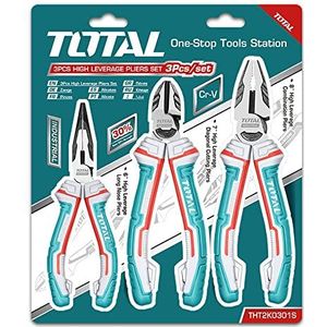 TOTAL - Set met 3 versterkte tangen | Levering: 1 universele tang 180 mm, 1 snijtang 160 mm en 1 platte tang 160 mm | chroom-vanadium valbeveiliging | onderhoud en renovatie