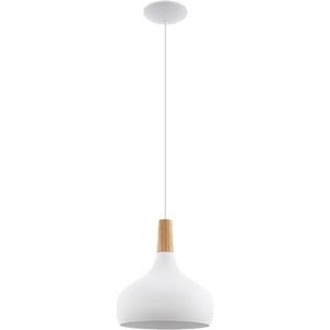 EGLO Sabinar hanglamp, pendellamp van staal en hout, plafondlamp hangend in geborsteld wit, bruin, E27 fitting, Ø 28 cm, FSC gecertificeerd