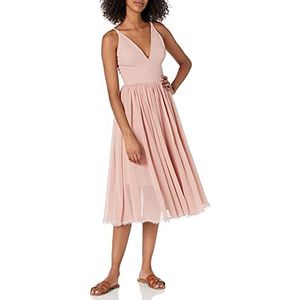 Dress the Population Alicia Mouwloze midi-jurk met diepe V-hals, mix van materialen, uitlopend model, Blozen, S