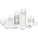 SUAVINEX Premium set voor pasgeborenen babyfles 150 ml + 270 ml + 360 ml + melkdoseerder + fopspeen fysiologische siliconen zuiger voor baby's -2-4 maanden + fopenketting + lepel, kleur grijs