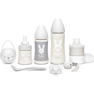 SUAVINEX Premium set voor pasgeborenen babyfles 150 ml + 270 ml + 360 ml + melkdoseerder + fopspeen fysiologische siliconen zuiger voor baby's -2-4 maanden + fopenketting + lepel, kleur grijs