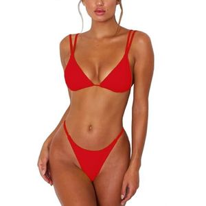 ForBeautyShe Sexy tanga voor dames, tweedelige bikini, dubbele schouderbanden, schattig zwempak, driehoek, baden, Rood, S