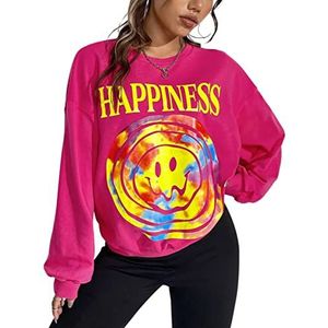 Missactiver Sweatshirt voor dames, letter, grafische print, losse lange mouwen, ronde hals, drop, shoulder, fleece, casual trui, Roze, L