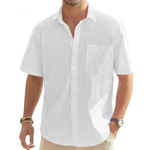 J.VER Heren katoenen linnen shirts met korte mouwen casual lichtgewicht button-down shirts strand zomer tops met zak, Kleur: wit., M