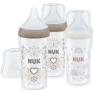 NUK Perfect Match Flessenset, 3 maanden, past zich aan het gehemelte van de baby aan | temperatuurregeling | anti-koliek ontluchting | 260 ml | BPA-vrij | medium zuiger van siliconen | regenboog en
