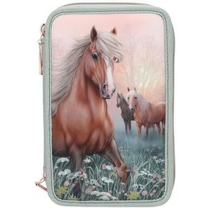 Depesche 13403 Miss Melody Romantic Fields - Gevulde 3-vaks etui in groen, met paardenmotief, bloemen en glitters, etui met kleurpotloden, liniaal, schaar en nog veel meer.