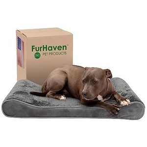 Furhaven Cooling Gel hondenbed voor grote/middelgrote honden met afneembare wasbare hoes, voor honden tot 17 kg - Minky Pluche & Velvet Luxe Lounger Contour Matras - Grijs, Large