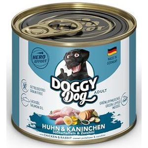 DOGGY Dog Paté kip en konijn, 6 x 200 g, nat voer voor honden, graanvrij hondenvoer met zalmolie en groenlipmossel, compleet voer met zoete aardappel en courgette, Made in Germany