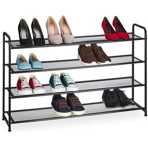 Relaxdays schoenenrek voor 16 paar, HxBxD: 65 x 100 x 25,5 cm, gang, met 4 etages, schoenen opbergrek gang, hal, zwart