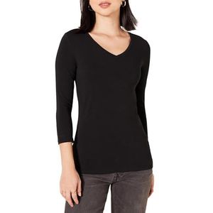 Amazon Essentials Women's T-shirt met driekwartmouwen en V-hals in klassieke pasvorm (verkrijgbaar in grote maten), Zwart, XL