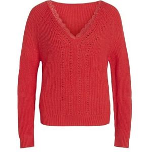 Vila Dames Vioa L/S Rev Lace Knit Top Jumper, Papaver Rood; Detail: Kantkleur, XL