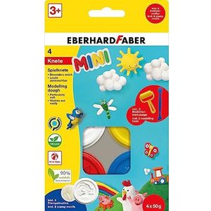 Eberhard Faber 572514 - Speeldeeg mini, 4 x 50 g boetseerklei in wit, geel, rood en blauw, incl. boetseergereedschap en stempelmotieven, bijzonder zacht en gemakkelijk uitwasbaar