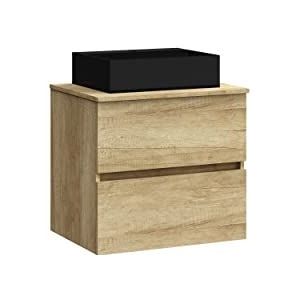 BAIKAL Badkamerkast Onyx Black, 2 laden, hangend aan de muur, met keramische wastafel in mat zwart, melamine 16 mm, gemonteerd meubelstuk, rechthoekige wastafel, zonder spiegel, 70 cm Nature