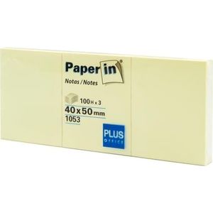 Plus Office 3 gele post-it-plaknotities voor kantoor, school, universiteit, voor snelle notities en herinneringen, 3 blokken met 100 zelfklevende vellen (40 x 50 mm, 36 stuks)