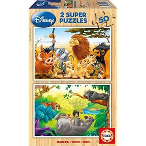 Educa - Houten puzzel met 50 delen | Disney dierenvrienden, 2 x 50 stukjes houten puzzel, kinderpuzzel vanaf 4 jaar, leeuwenkoning, jungle boek (13144)