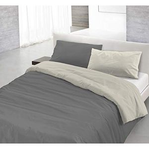 Italian Bed Linen Natuurlijke kleur Dekbedovertrek Set met Doubleface Effen Kleur Tas Sheet en Kussensloop, 100% Katoen, Donkergrijs/Crème, enkel