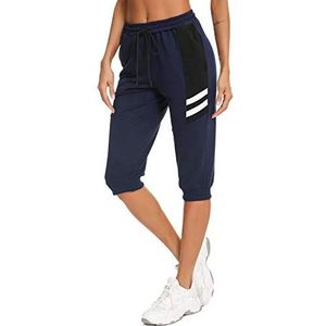 Sykooria Pantalon de Sport Femme Taille Haute Décontracté de Jogging Pantacourt 3/4 avec Cordon de Serrage et Poches - Bleu foncé - XXL