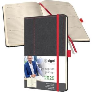 SIGEL C2555 afsprakenplanner weekkalender 2025, lederlook, ca. A5, donkergrijs/rood, hardcover, 192 pagina's, elastiek, penlus, archieftas, PEFC-gecertificeerd, Conceptum