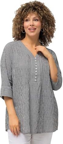 Ulla Popken - Tuniek - Grijs - Katoen - Gestreept, Driekwart Mouw