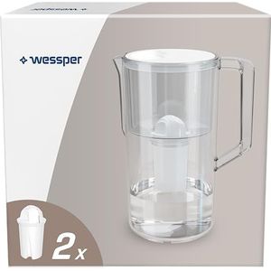 Wessper Aqua Classic Basic waterfilterkan, 2,5 liter, compatibel met Brita Classic filterpatronen, waterfiltersysteem ter vermindering van kalk, chloor, inclusief 2 x waterfilterpatronen, wit