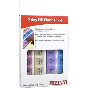 GIMA Pillendoos met 7 vakken met Engelse dagen en 4 verschillende gekleurde vakken voor 's ochtends, middag, middag, middag en avond, van robuust kunststof, 41505