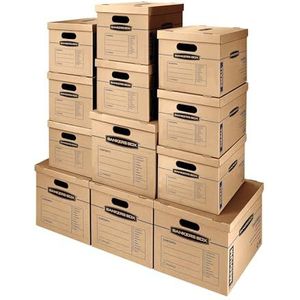 BANKERS BOX SmoothMove Classic Moving Boxes, Tape-Free Assembly, Easy Carry Handvatten, Bruin, Diverse 12 Pack (7716401)