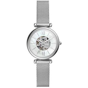 Fossil Carlie horloge voor dames, automatisch uurwerk met roestvrij stalen horlogeband of leren band, Wit en zilvertint