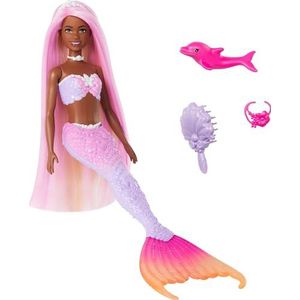 Barbie Zeemeerminnenpop, Brooklyn' met Roze Haar, Stylingaccessoires, Dolfijnenvriendje en een functie die in water van kleur verandert, HRP98