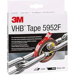 3M VHB 5952193 Montage tape dubbelzijdig - sterke en duurzame verbinding van metaal, gepoedercoate lakken, glas, verzegeld hout, ABS - 19 mm x 3 m, zwart, dikte: 1,1 mm (1 stuks)