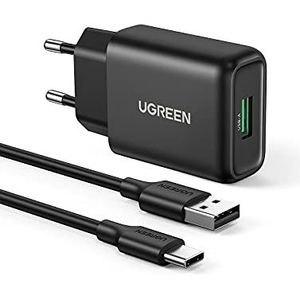 UGREEN 18W USB Oplader 3A Quick Charge 3.0 Snelle Lader USB Power Bank met USB C Oplaadkabel Compatibel met Galaxy S10 S9 S8 S7 A20 A21 A51 A40, Xperia 10 II, Redmi Note 10, Huawei P20 lite etc.